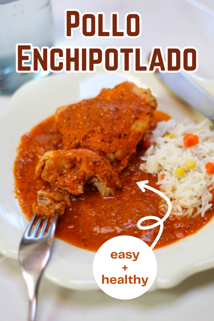 Easy and healthy pollo enchipotlado with white rice on a while plate with fork. 