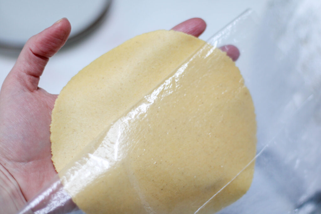 Hand holding corn tortilla dough pressed with plastic. 