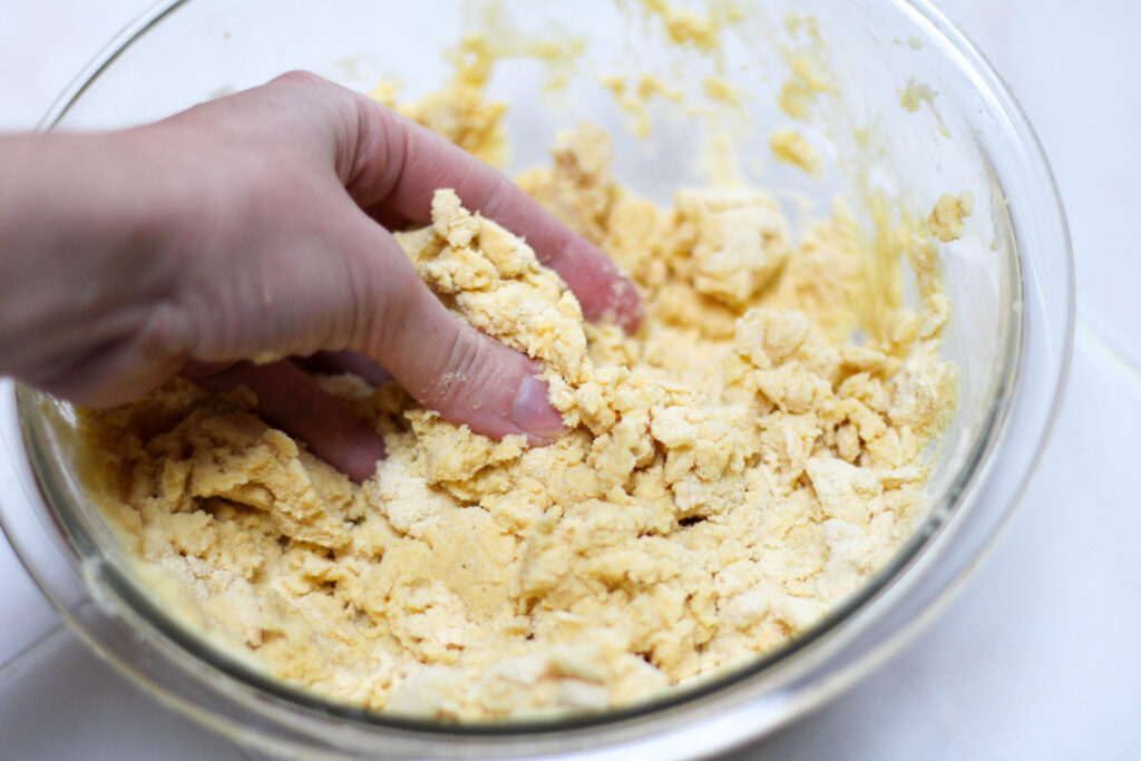 Hand mixing masa harina with water to make corn tortilla dough. 